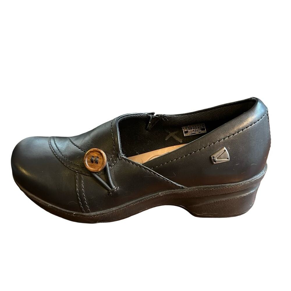 KEEN Women's Mora Button Slip On Black Leather Clogs Sz 7
